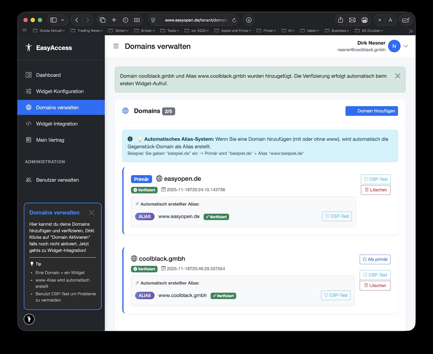 Domain-Verwaltung mit Verifizierung und Alias-System