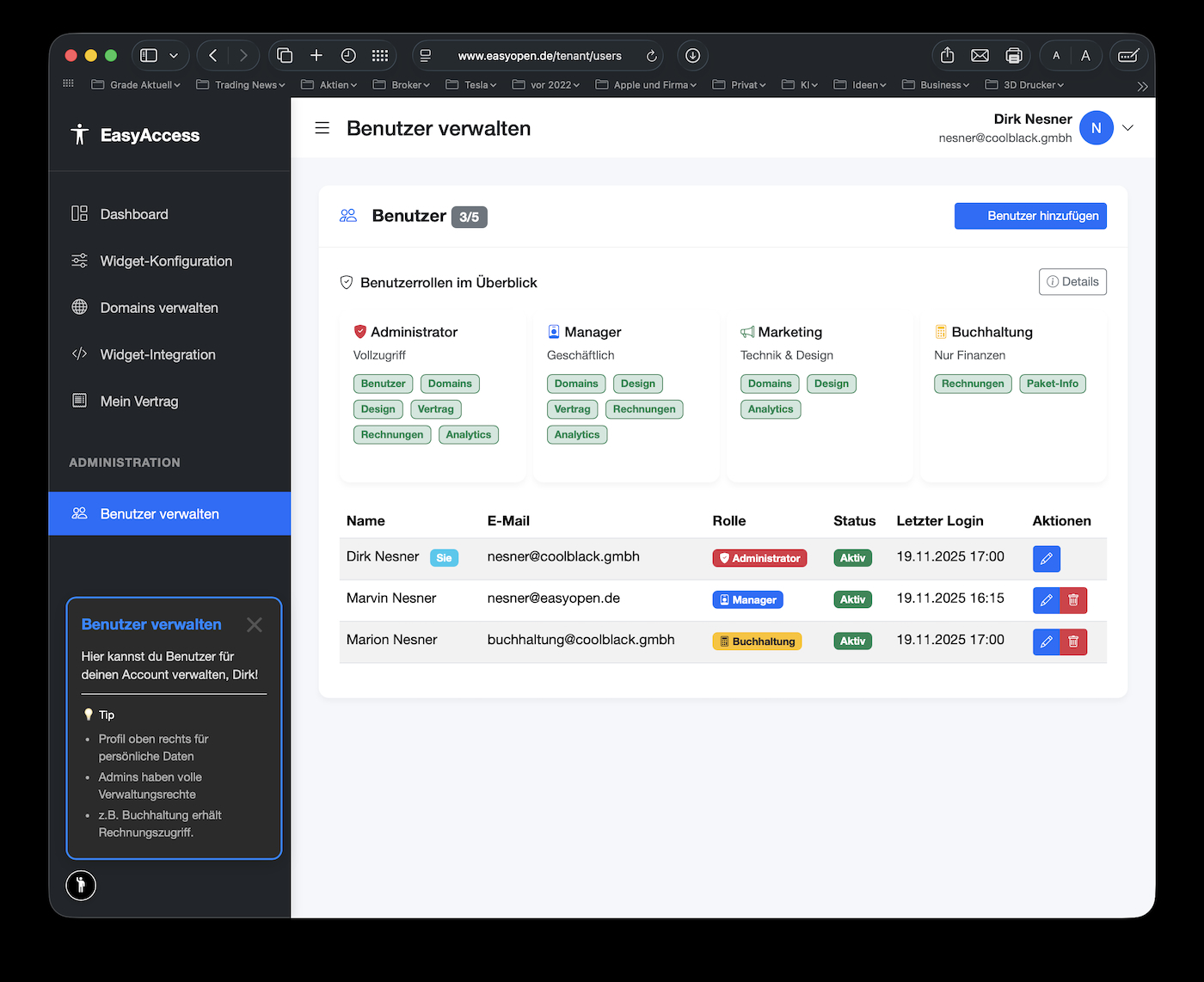 Benutzer-Verwaltung mit Rollen und Berechtigungen