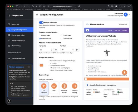 Widget-Konfiguration mit Live-Vorschau und Farbanpassung